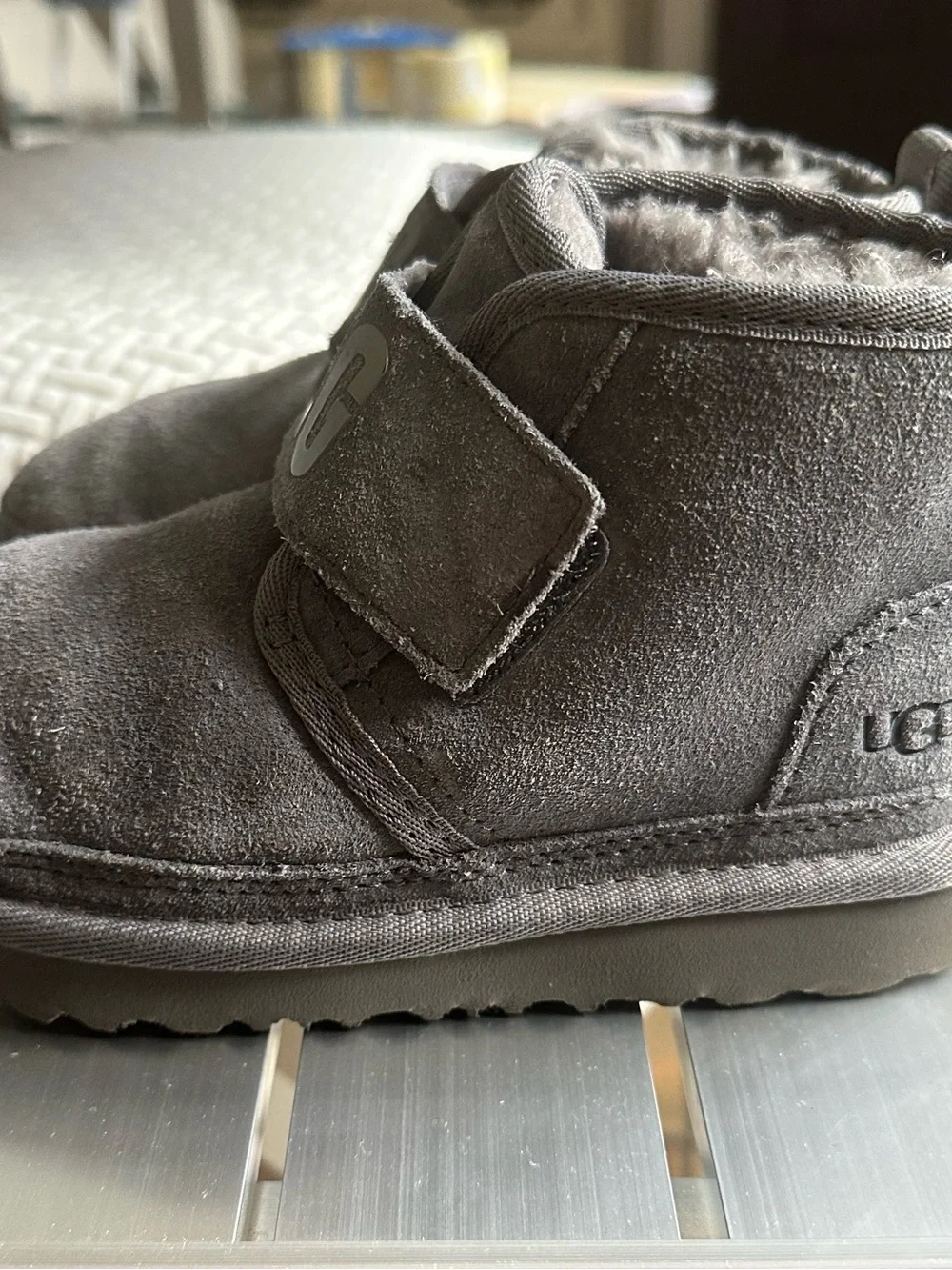 UGG Kids Charcoal Gray Suede Shearling Strap Slippers